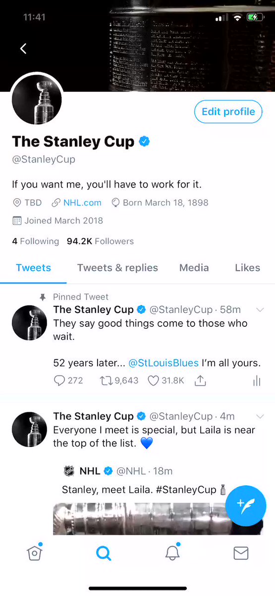 The Stanley Cup (@StanleyCup) on Twitter photo 17/06/2019 17:37:24 Taking up a new residence for a bit. Taking up a new residence for a bit.