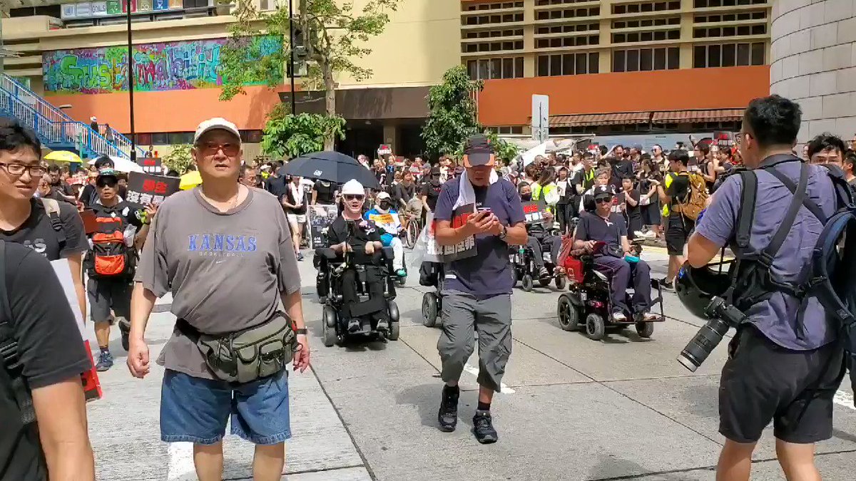 More than a dozen in wheelchairs are also among those who have taken to the streets to protest against #extraditionbill and call for the gov not to charge students with riot