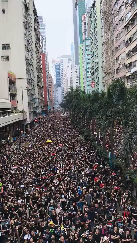 The energy at the march in #HongKong today feels triumphant and defiant. Protestors are unified in their calls. They're demanding Carrie Lam step down, that she withdraws the extradition bill and that police "stop using violence against students." #LockhartRoad