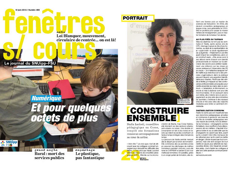 Tout nouveau numéro de "Fenêtres sur cours", revue nationale du #SNUipp-FSU : loi et méthode Blanquer loin de la "confiance", dossier sur le numérique à l'école, décryptage sur les évaluations nationales. Interviews de @rgoigoux, @Fondation_Lamap, @JPA_nationale, @MuseeLeger...