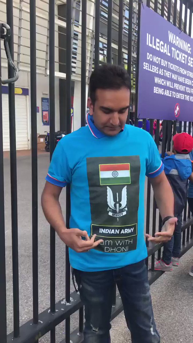 Spotted outside Southampton , a fan showing support to #MSDhoni wearing the #balidanbadge with pride on his t-shirt , says his way of showing love for #Dhoni and how proud it feels to be #indian and support for the #indianarmy #CWC2019 #INDvAFG