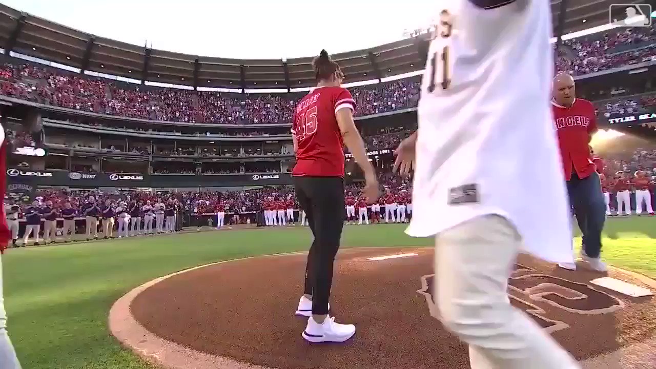 Dan Roche on X: Tyler Skaggs' mom throws out 1st pitch and then