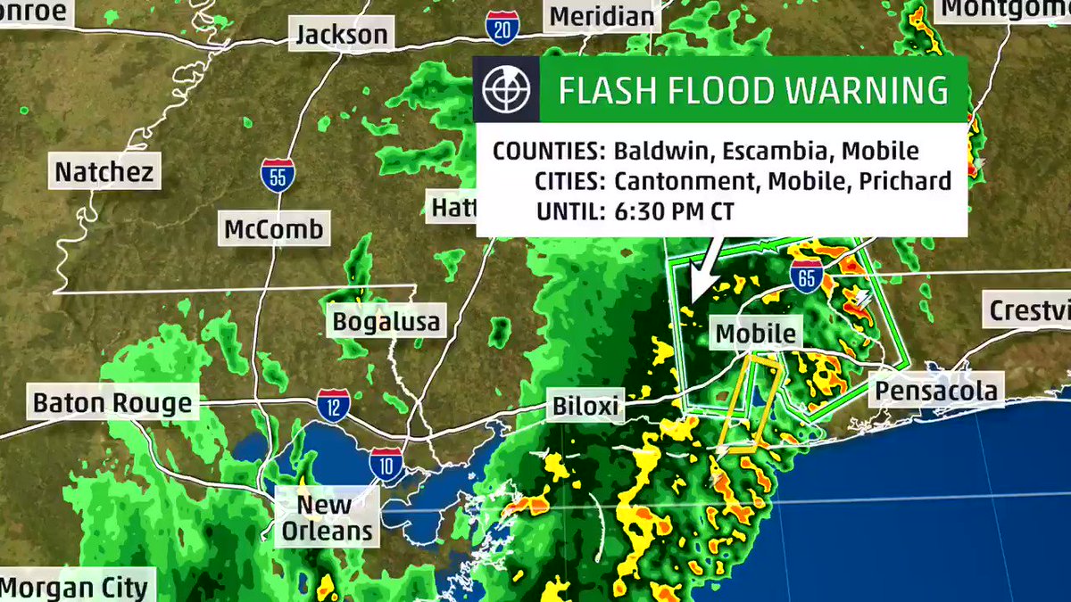 Nasty training outer band of #Barry dropping 2-3 inches per hour in Mobile area. Stay off the roads in this flash flood warning area! And this is about 250 miles east of the center of the tropical storm. One band inward from there could cause more flooding in coastal Miss soon.