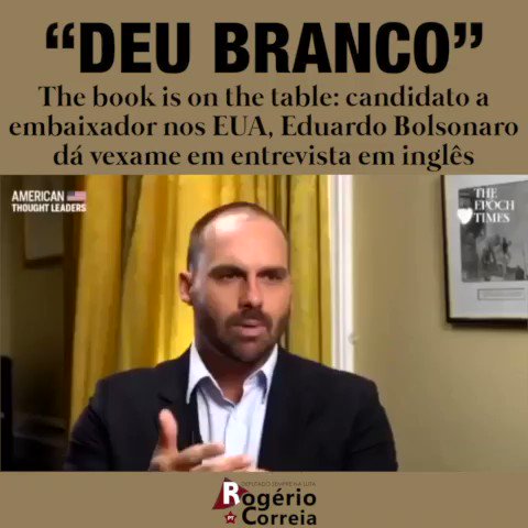 Em entrevista em inglês, Eduardo Bolsonaro, filho de Jair e por ele indicado para ser o embaixador brasileiro nos EUA, mostra que não domina nem o inglês básico. A família Bolsonaro envergonha o Brasil. Em português, inglês, espanhol, miliciano, em laranjês...