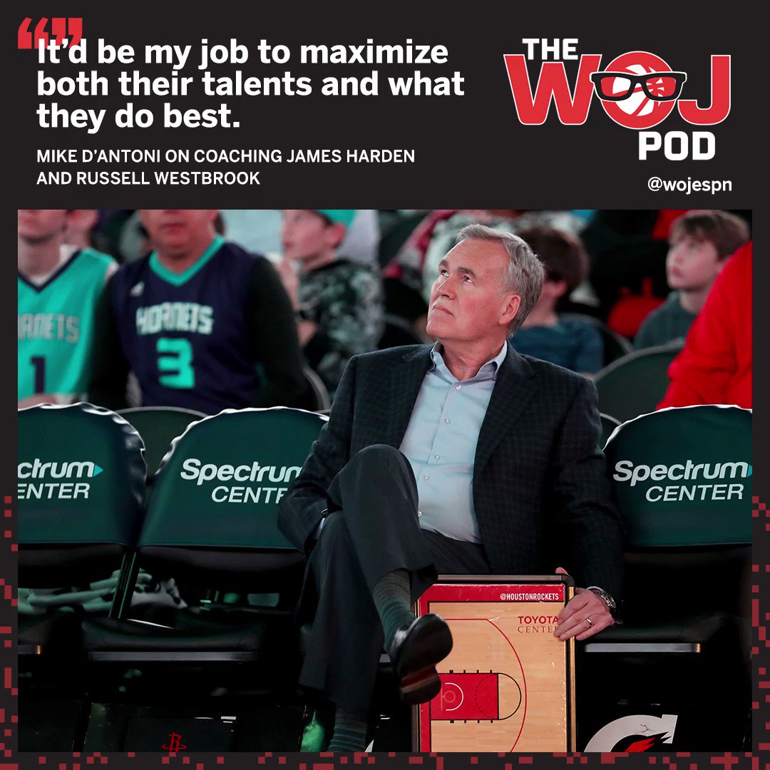 Adrian Wojnarowski (@wojespn) on Twitter photo 17/07/2019 13:24:10 Mike D’Antoni discusses coaching @JHarden13 and @russwest44 on The Woj Pod Mike D’Antoni discusses coaching @JHarden13 and @russwest44 on The Woj Pod