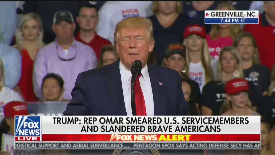 Crowd at tonight's Trump rally in North Carolina breaks out into chants of "Send her back!" as the president attacks Rep. Ilhan Omar