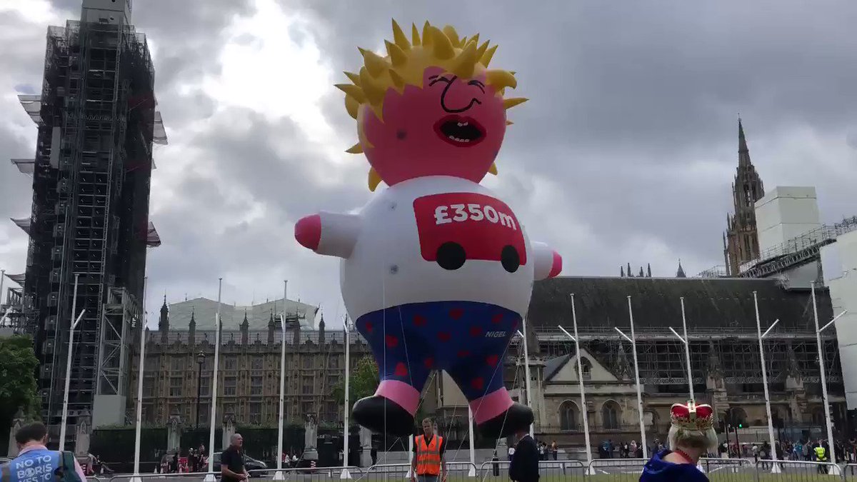 There he is: the Boris toddler blimp flying over Parliament Square complete with dishevelled hair, mismatched running gear and a t-shirt emblazoned with a bus and the figure £350m @LBC