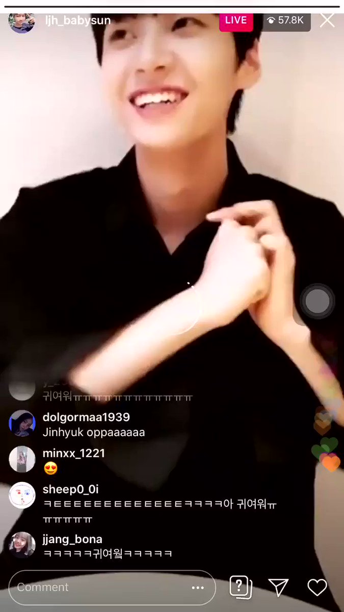 190722 jinhyuk ig live
comment: jinhyuk oppa pls do ippeo ippeo
jinhyuk: ippeo ippeo? our jinwoo is watching so i’ll do it.... doing this alone is embarrassing
😅😅😅😅😅😅
#이진혁