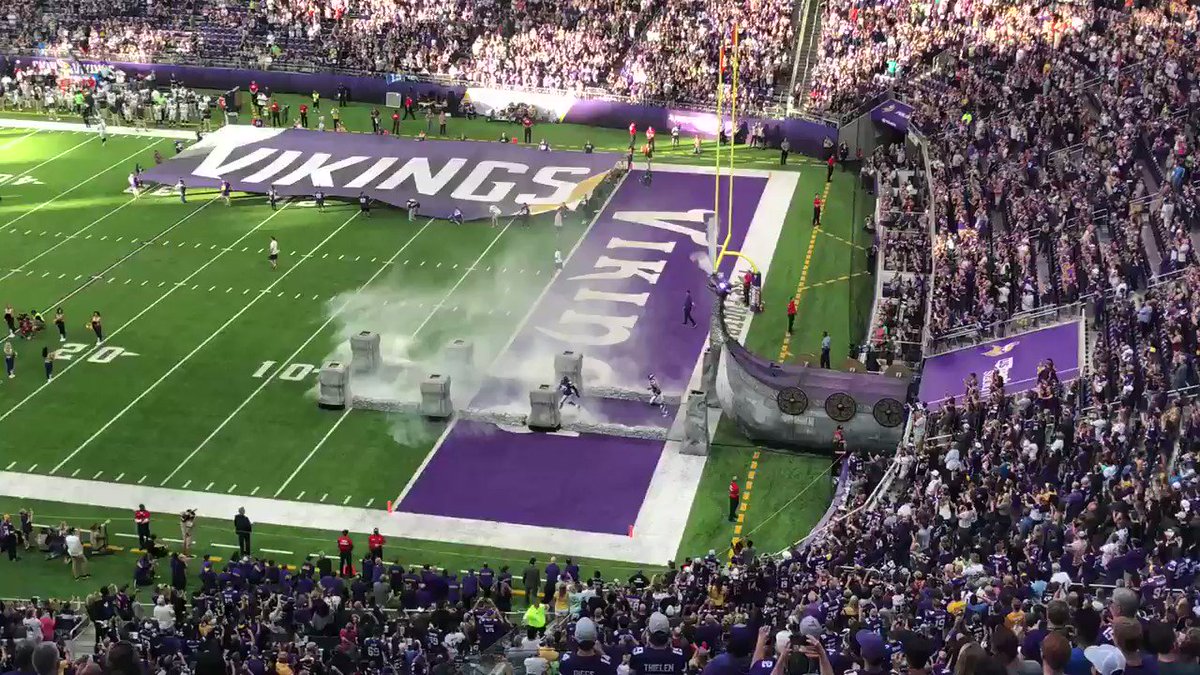 Football. Everson Griffen leads the Vikings out of the tunnel. Sure doesn’t feel like preseason tonight at U.S. Bank Stadium... #Vikings #Skol @FOX9 https://t.co/iSqoU2n3Uw