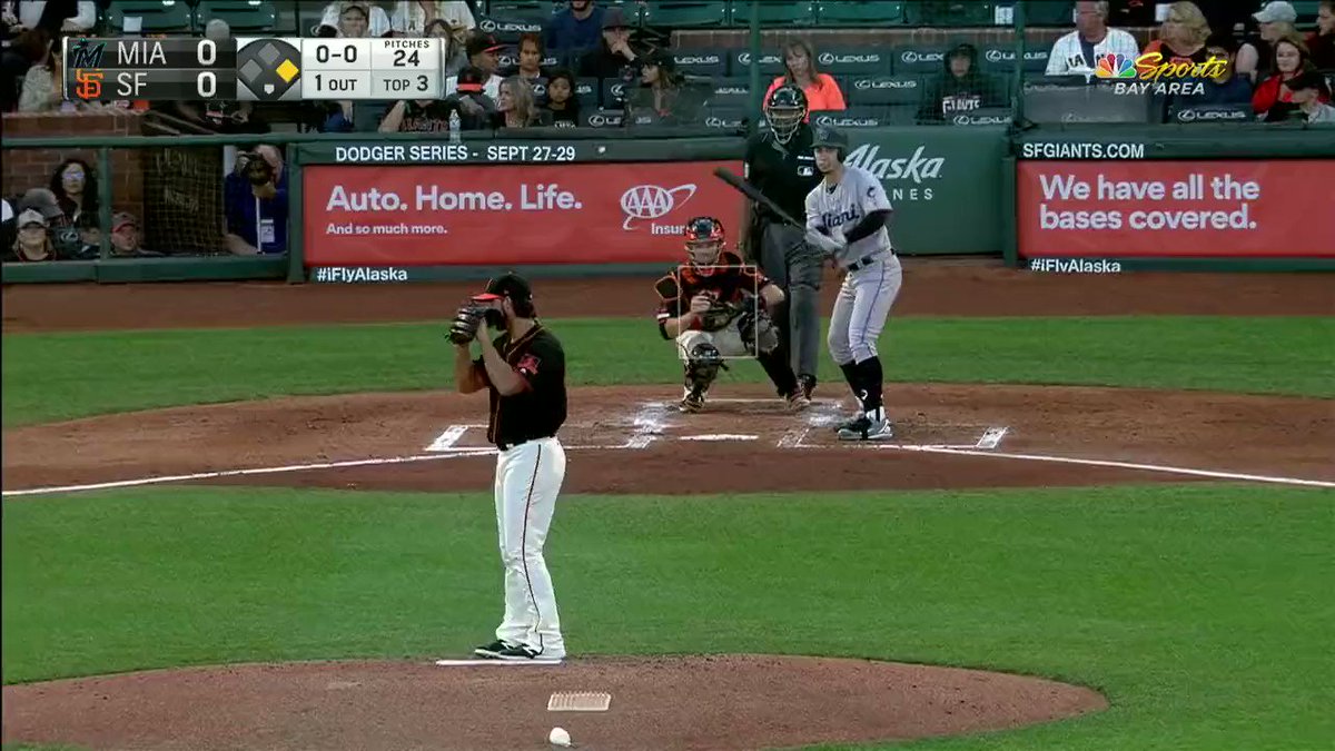Umpire CB Bucknor was unable to track the ball as the batter showed bunt. He called a ball on a pitch that was well inside the zone. Madison Bumgarner did not take it well. #Giants v #Marlins