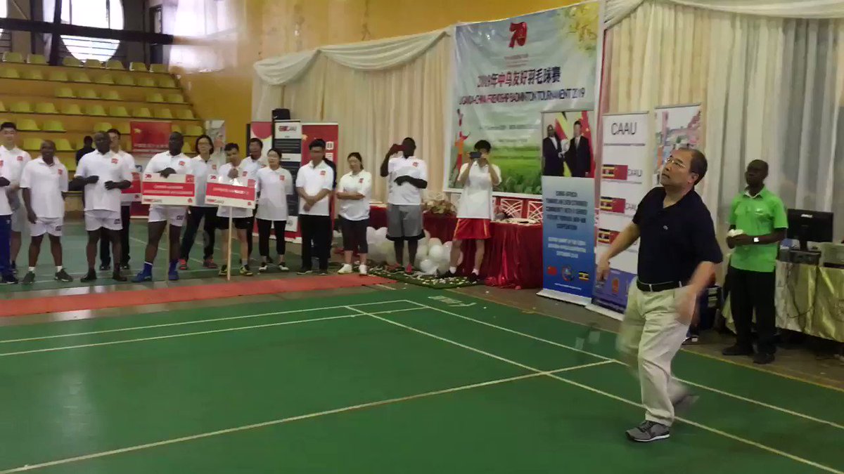 Chinese Ambassador played badminton with @CAAU_group President @BobFxOcitti to kick off the Uganda-China Friendship Tournament 2019 at MTN Arena, Kampala, in celebration of #NewChina70years