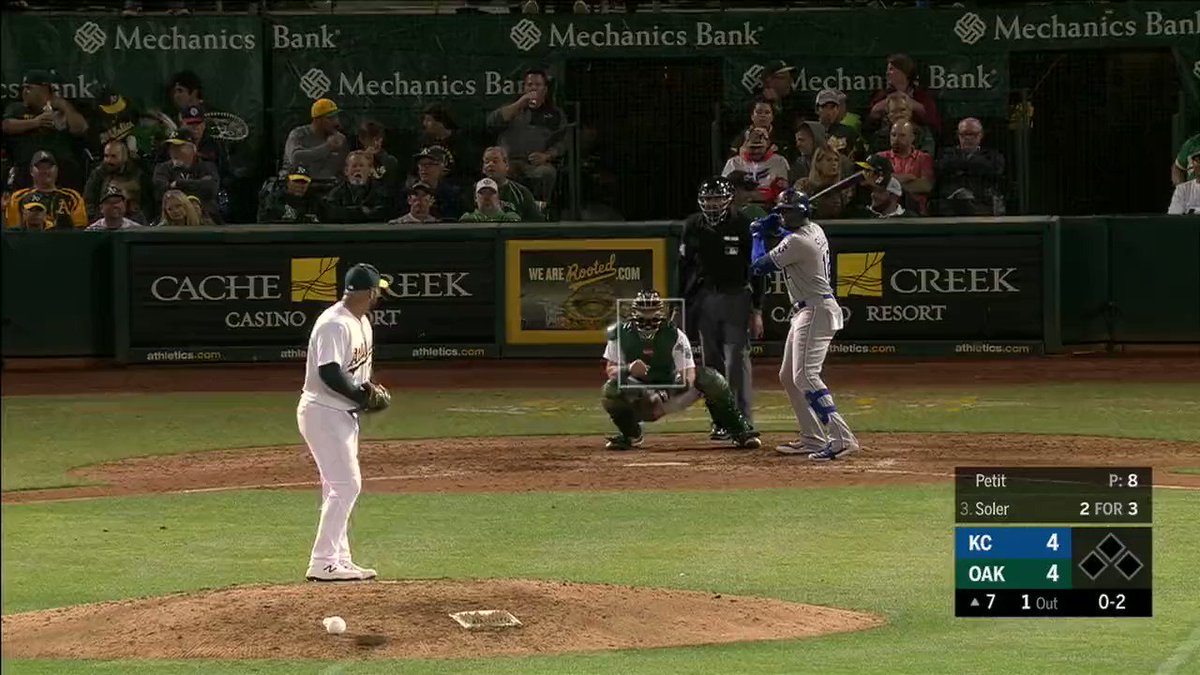 CB Bucknor, the god of the strike zone, giveth and he taketh away. First, he forgave @solerpower12 on a pitch that should've been a strikeout. The next pitch, he condemned Soler to the bench on a pitch outside.Bucknor missed 21 calls on the night. #Athletics v #Royals