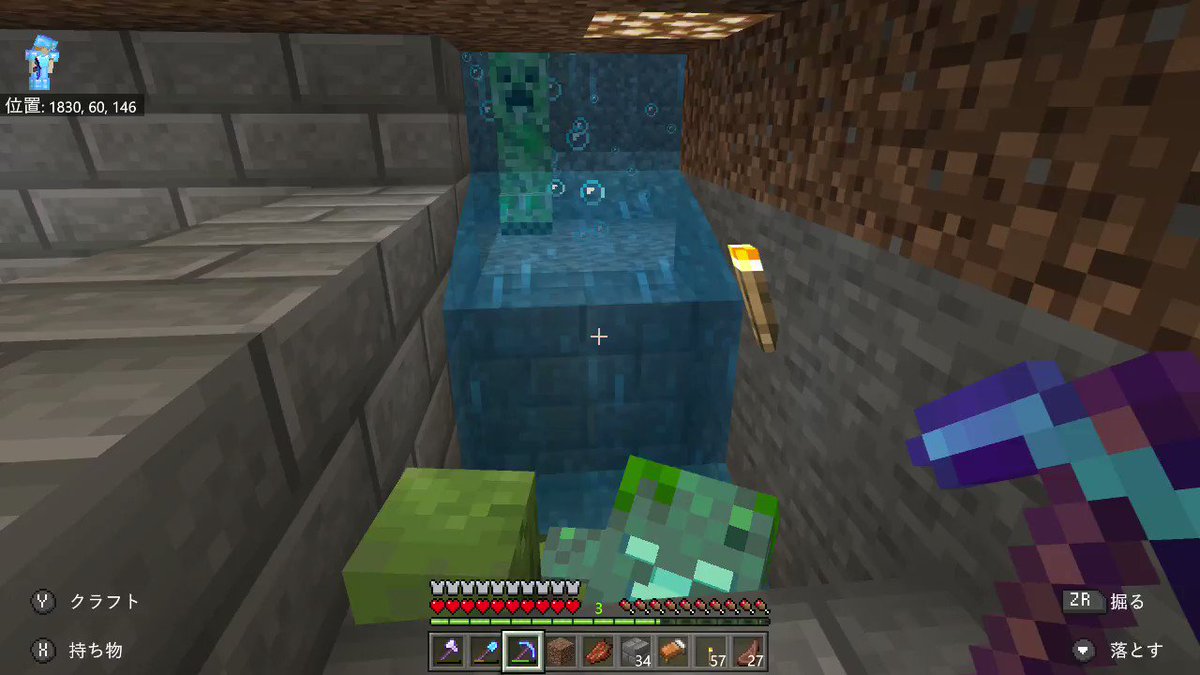 ゾンビ待ってると突然クリちゃんw地下は日光関係ないから共存できるなぁ♪ #Minecraft #マイクラ #マインクラフト #NintendoSwitch