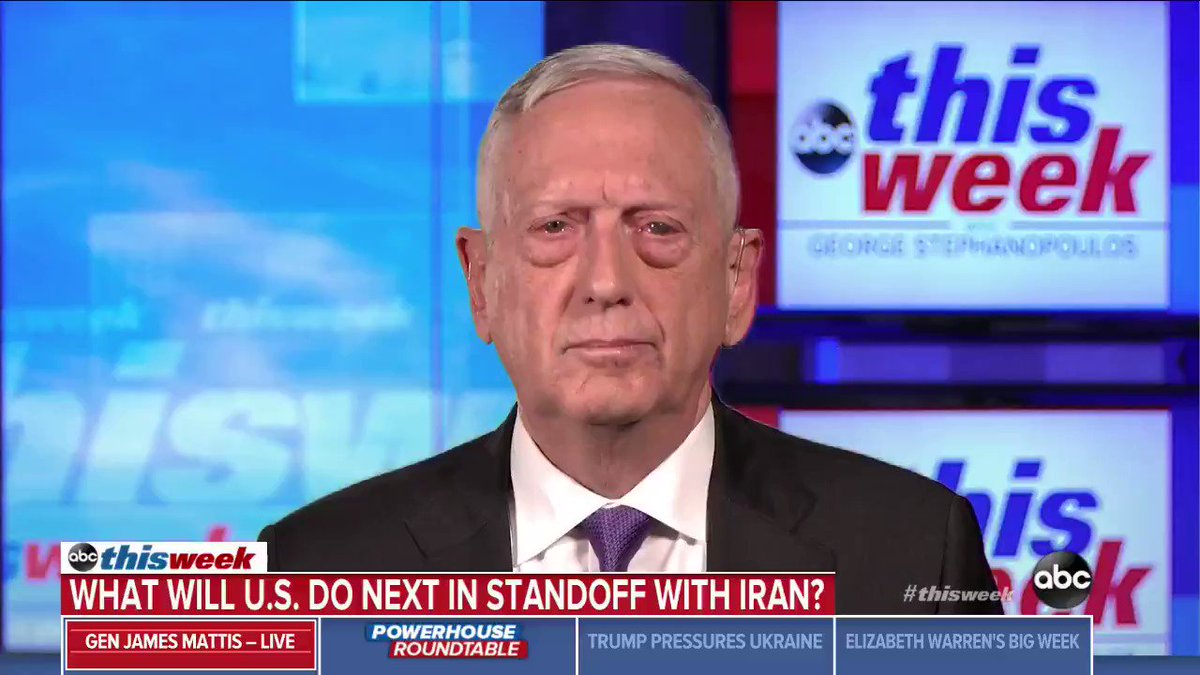 .@MarthaRaddatz: "Should a president be asking foreign leaders to investigate political opponents?"
Former Trump Defense Sec. Gen. James Mattis: "This is is not something I have any background on ... I really prefer to talk about things I know more about" http://abcn.ws/2kML9O2