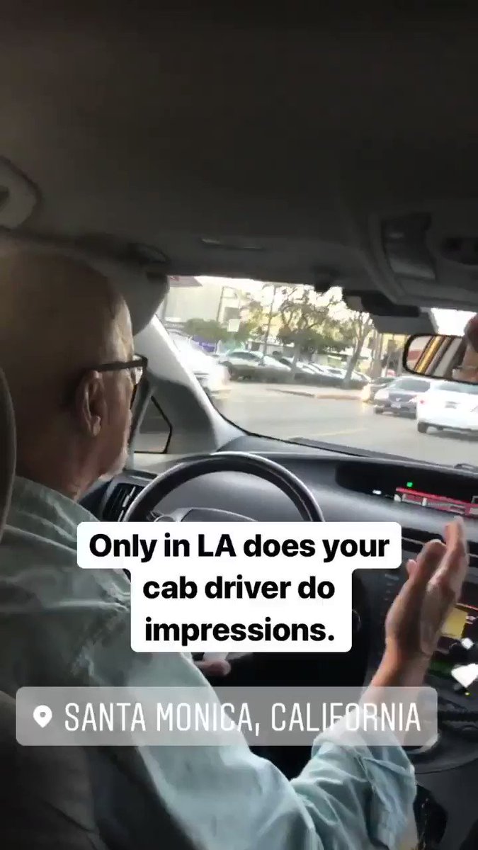Jon Gordon (@JonGordon11) on Twitter photo 19/10/2019 02:18:10 Only in LA does your cab driver do impressions. Only in LA does your cab driver do impressions.