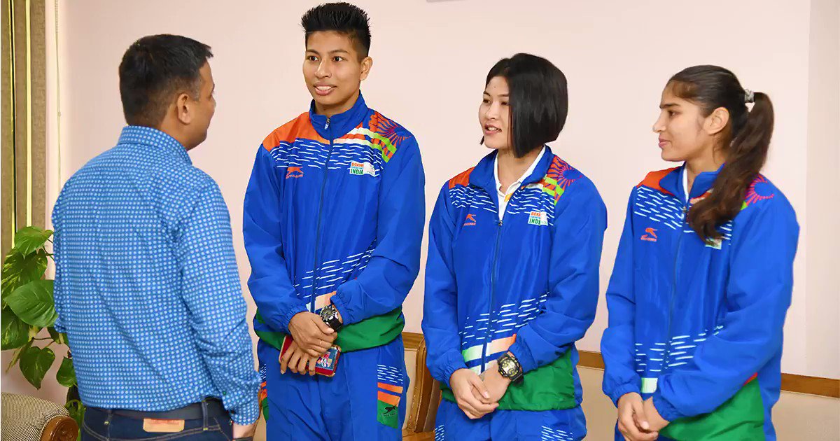 Snippets from the Felicitation Ceremony held at the Sports Authority of India to award the champions of the Women’s World Boxing Championships today. #ManjuRani #KheloIndia @KirenRijiju @RijijuOffice @DGSAI @PIB_India @BFI_official @MangteC @LovlinaBorgohai @Jamunaboro1