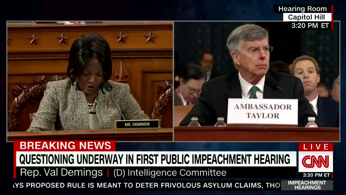 Rep. Val Demings: Was Rudy Giuliani promoting US interests in Ukraine?George Kent: No, he was not.Demings: What interests was he promoting?Kent: “I believe he was looking to dig up political dirt against a potential rival in the next election cycle.”Bill Taylor: I agree.