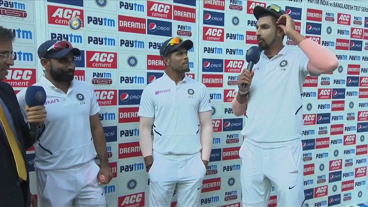Ahead of the pink ball Test, Ishant Sharma seeks advice from Mohammed Shami. Funny banter between the two ๐Full interview ๐๐https://www.bcci.tv/videos/138052/ind-vs-ban-2019-1st-test-day-3-mohammed-shami-ishant-sharma-umesh-yadav-interviewย โฆ