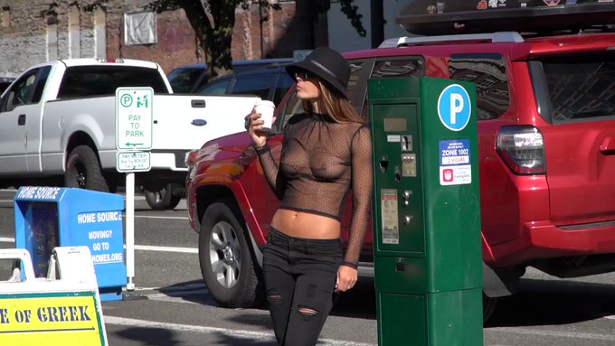 Chatting with the food truck guys while waiting for my order #sheer #publicnudity #publicflashing #braless