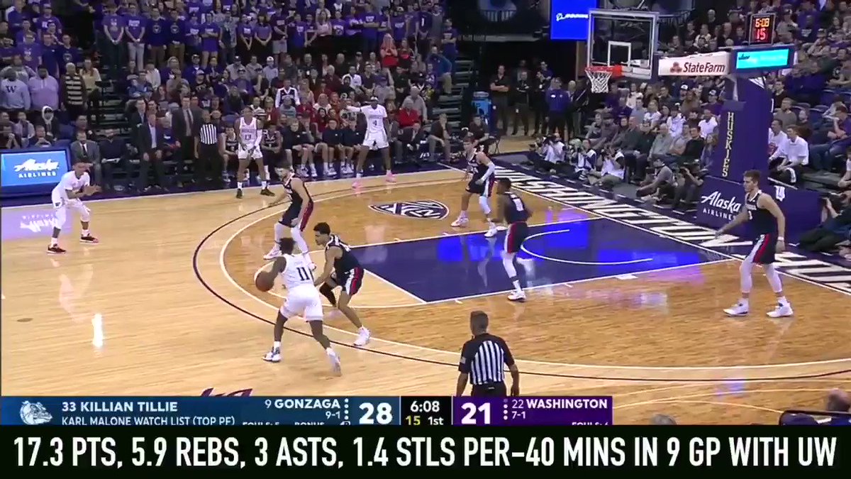 6-10 + 19-year-old #Washington F Jaden McDaniels unique physical tools were evident as he showed his shot making, passing + defensive potential in the #Huskies 83-76 loss to #Gonzaga with @Mike_Schmitz and a large contingent of @NBA scouts on hand in #Seattle