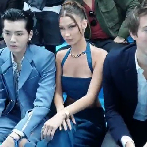 Actor Kris Wu and Model Bella Hadid, CEO of Rimowa, Alexandre Arnault,  Frederic Arnault and Owner of LVMH Luxury Group Bernard Arnault attend the Louis  Vuitton Menswear Fall/Winter 2020-2021 show as part
