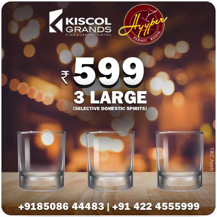 Happy hour @ Hyyper. Visit Hotel Kiscol Grands for the exciting offers on domestic spirits. For details contact: +91 85086 44483 +91 422 4555999 #kiscolgrands #hyyper #hotelsincoimbatore #beverages #food #Restaurant #besthotels #coimbatore #VisitCoimbatorepic.twitter.com/gq64xqnpK1