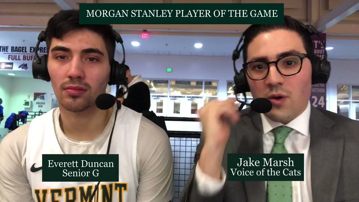 FINAL: Vermont 63, Stony Brook 54@UVMmbb's offense was searching for answers for the majority of the game...... and then @EverettDuncan34 happened. The senior is our Morgan Stanley POG with 11 pts and making his last three 3's.Magic number to win the regular season title: 1