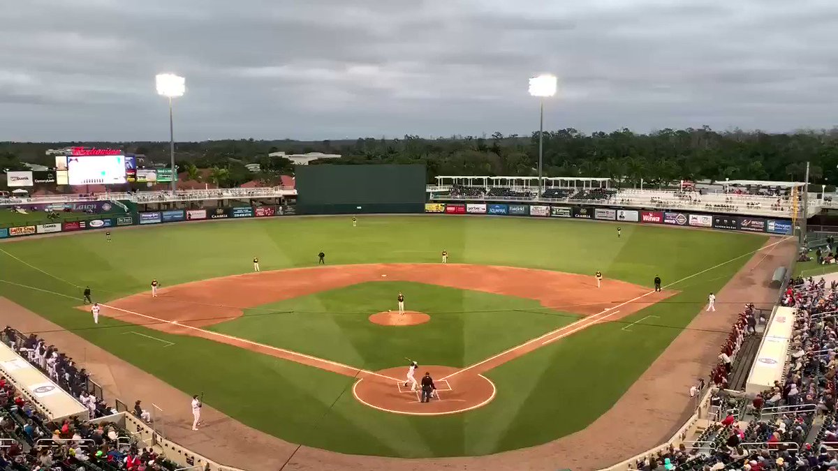 Royce Lewis cranks the second pitch to the left-field wall for a leadoff double and moves to third on a wild pitch. Healthy spring Royce Lewis is already fun.