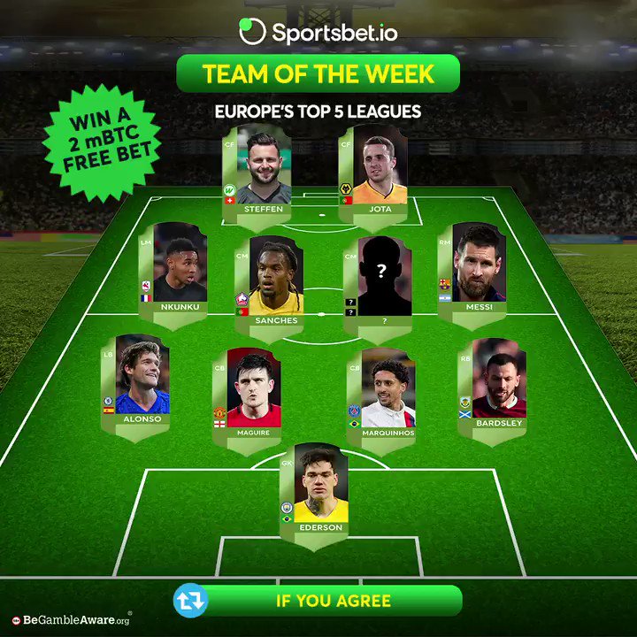Presenting @Sportsbetio team of the week๐ฅ
๐ง๐ท- #Ederson
๐ช๐ธ- #Alonso
๐ด๓ ง๓ ข๓ ฅ๓ ฎ๓ ง๓ ฟ- #Maguire
๐ง๐ท- #Marquinhos
๐ด๓ ง๓ ข๓ ณ๓ ฃ๓ ด๓ ฟ- #Bardsley
๐ซ๐ท- #Nkunku
๐ต๐น- #Sanches
๐ช๐บ-โ
๐ฆ๐ท- #Messi
๐จ๐ญ- #Steffen
๐ต๐น- #Jota
๐งฉComplete this #TOTW lineup, retweet & stand a chance to win one of 2 2mBTC Free bet.
#football