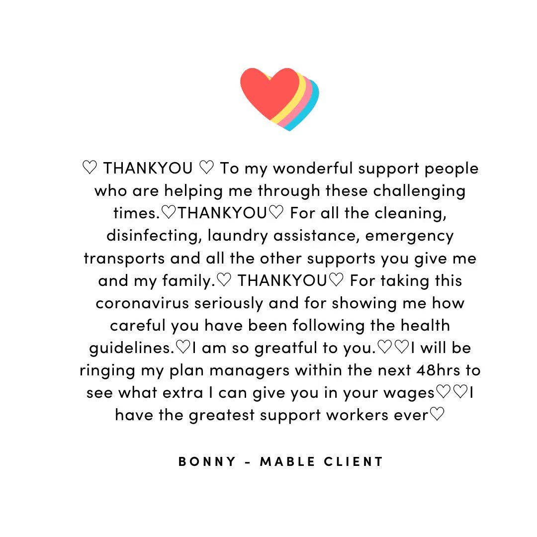 Mable client Bonny gave a shoutout this week to her amazing support team.
#supportworker #covid19 #EssentialWorkers https://t.co/LyIQFYIrjN