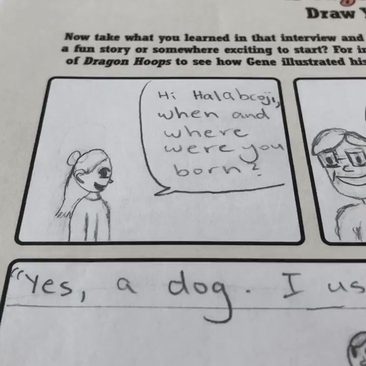 Gene Luen Yang - My 10yo daughter did a phone interview with her grandfather for a school assignment. Then she illustrated it as a comic using a template downloaded from