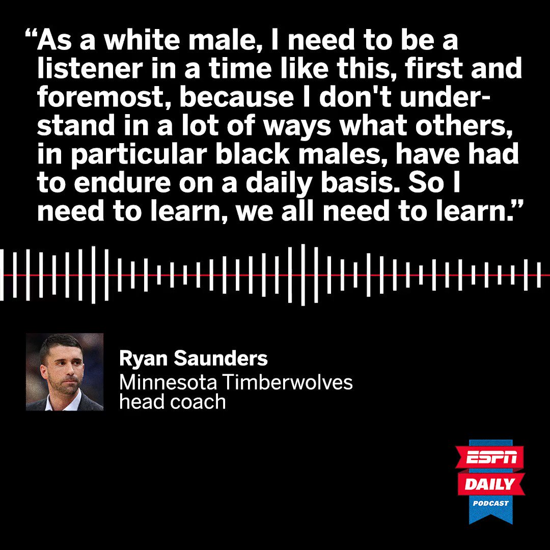 Today on ESPN Daily, Minnesota Timberwolves head coach Ryan Saunders joined me for a conversation about mourning George Floyd, learning from his own players right now, and what it means to recognize white privilege.
Listen and subscribe here: https://t.co/vWC0UAElxD https://t.co/kvuzQ1KwfI