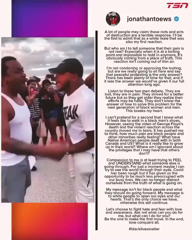 Laura Swain (@lauraswain123) on Twitter photo 2020-06-02 20:30:50 A powerful statement from Jonathan Toews on racial injustice. ••• (Via: @JonathanToews) A powerful statement from Jonathan Toews on racial injustice. ••• (Via: @JonathanToews)