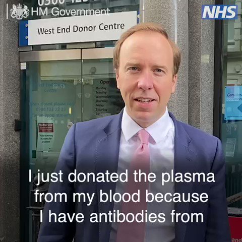 Matt Hancock (@MattHancock) on Twitter photo 2020-06-06 12:51:16 Donating plasma is easy to do with @NHSBT if you’ve had #coronavirus Please join our national effort and help patients by donating plasma if you’ve had #coronavirus Donating plasma is easy to do with @NHSBT if you’ve had #coronavirus Please join our national effort and help patients by donating plasma if you’ve had #coronavirus
