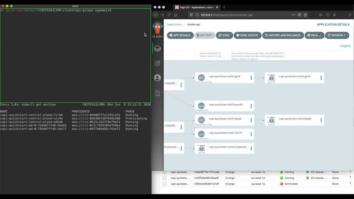 Katie Gamanji (@k_gamanji) on Twitter photo 2020-06-11 16:28:19 The power of GitOps in cluster provisioning! Just finished putting together the demo for deploying an AWS cluster via ClusterAPI in ArgoCD. Pure bliss! #clusterapi #argocd #gitops #kubernetes The power of GitOps in cluster provisioning! Just finished putting together the demo for deploying an AWS cluster via ClusterAPI in ArgoCD. Pure bliss! #clusterapi #argocd #gitops #kubernetes