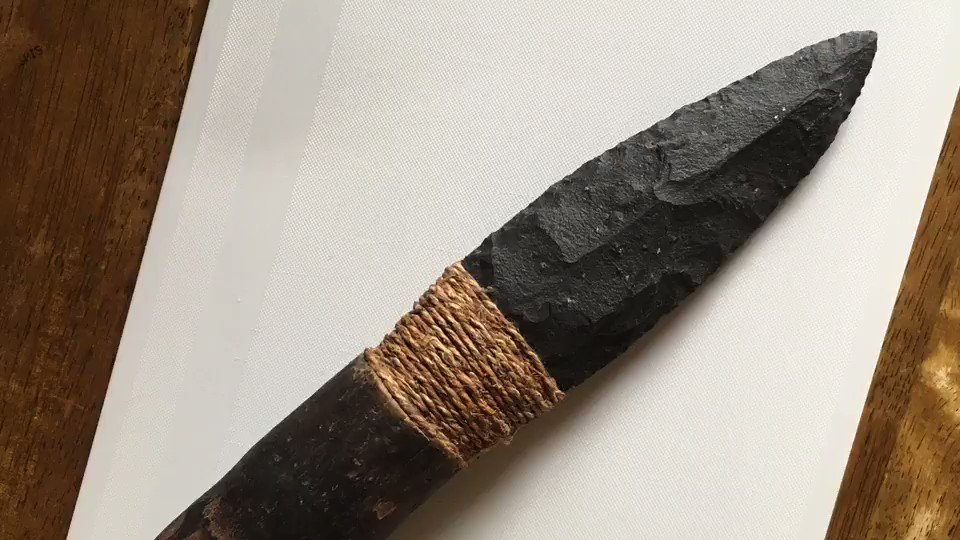 安山岩(サヌカイト)の石器ナイフでバナナを切る。安山岩は、割れに方向