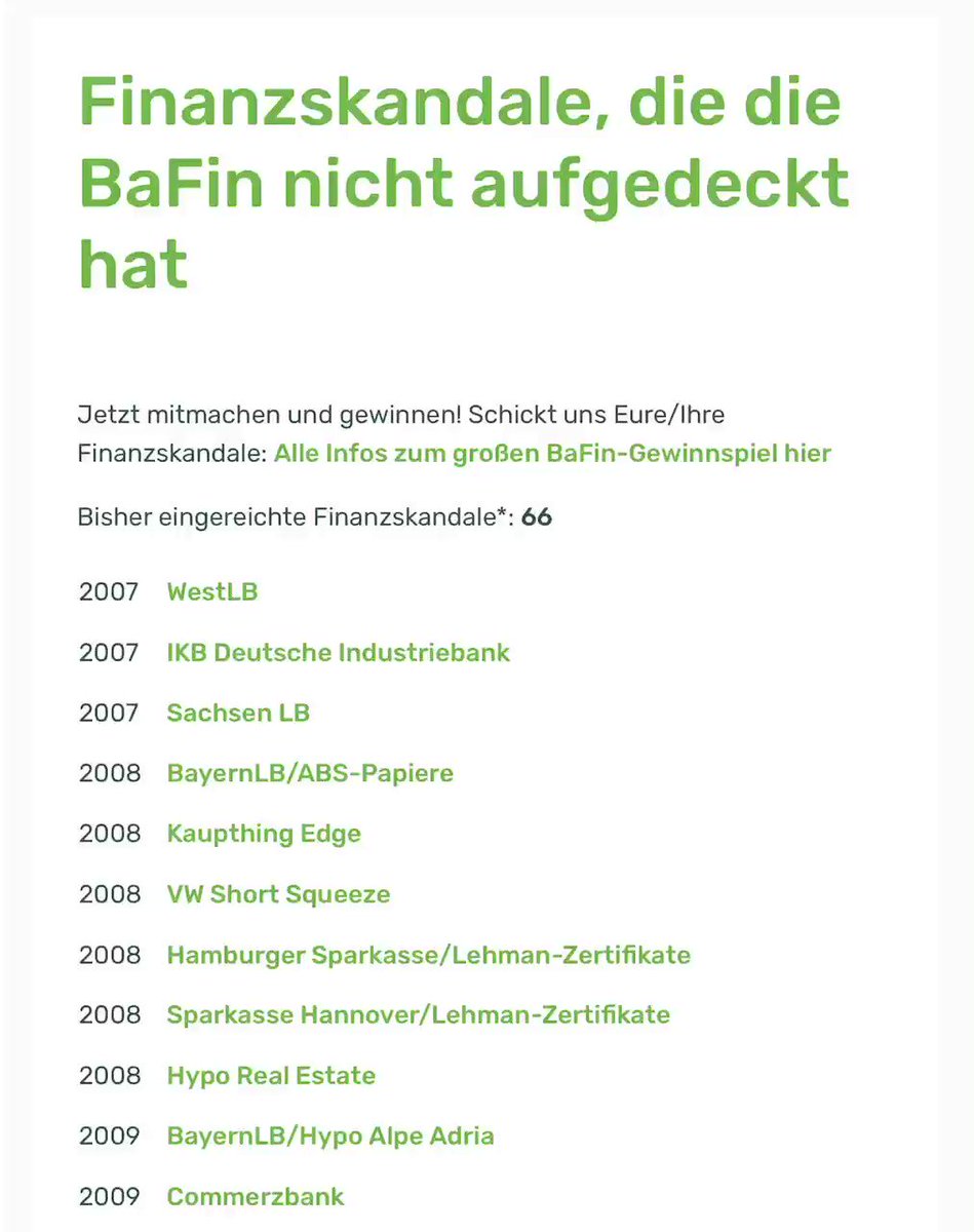 Endspurt beim großen Gewinnspiel: Nur noch dieses Wochenende sammeln wir Skandale, die die #BaFin nicht aufgedeckt hat. Atemberaubende 66 Fälle wurden eingereicht! Nächste Woche entscheidet das Los, wer die Reise nach Brüssel oder Bonn gewinnt. Komplettiert noch unsere Liste! https://t.co/BknTJVppUk