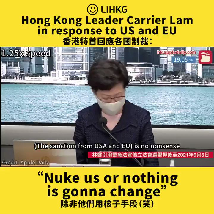Hong Kong Leader Carrier Lam in response to US and EU “Nuke us or nothing is gonna change”
原文 - 香港特首回應各國制裁:除非他們用核子手段(笑)
https://t.co/GSFMR1YMXQ
#nuclear #sanction #HongKong #LIHKG https://t.co/xYCfhzejjE