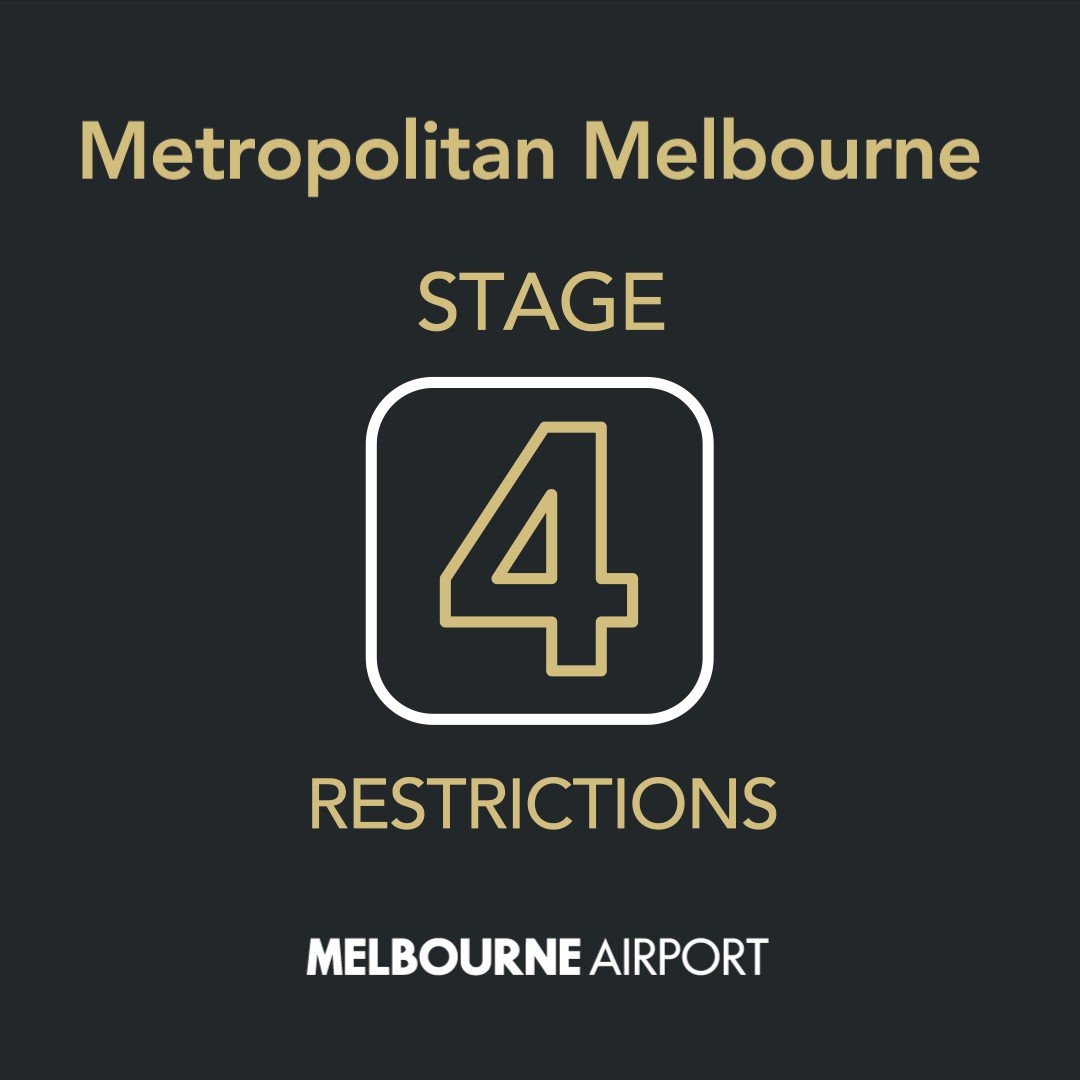 Greater Melbourne is in Stage 4 restrictions to slow the spread of COVID-19.
The airport remains open during this time. If you are concerned about an upcoming flight please contact your airline for details. https://t.co/sxbcD3St2D https://t.co/WUDA8JbPtm
