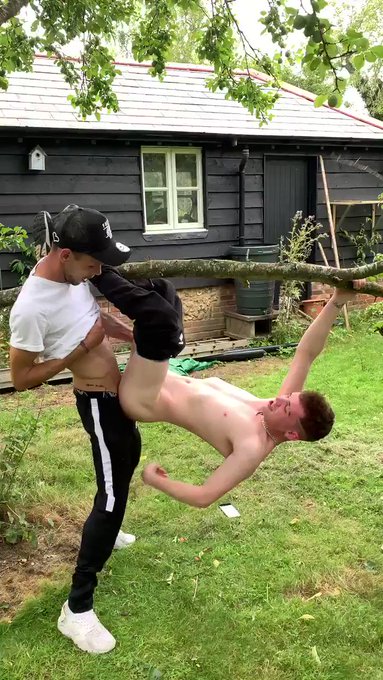 Ramming my bareback dick up @reecemckenzieuk’s hole, while he hangs from a tree! Impregnating his guts