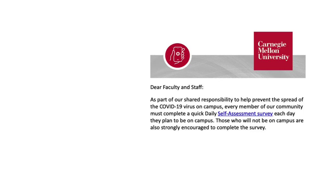 Each of us has a responsibility to support the health and well-being of our entire campus community. Faculty and staff must complete the daily Self-Assessment if they plan to be on campus. https://t.co/0NnJLtd4G7 #TartanProud https://t.co/SBzEBrbdZZ