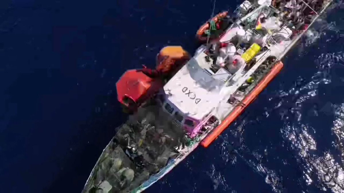 The crew managed to keep #LouiseMichel stable for almost 12h now. Our new friends told us they lost 3 friends on their journey already. Including the dead body in our one life raft, that makes 4 lives vanished because of Fortress Europe... And we are still waiting. https://t.co/Te2PKCv2Gn