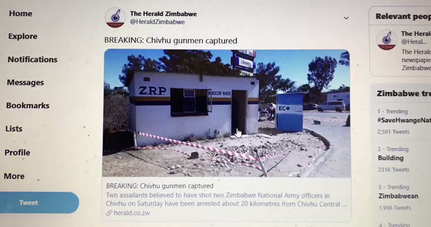 Team Pachedu ๐ฟ๐ผ #ZimbabweanLivesMatter (@PacheduZW) on Twitter photo 2020-09-08 08:56:40 Watch! @HeraldZimbabwe changed their story about the extrajudicial killing of the two Chivhu suspects but didnt clean up after themselves. Original story said they were captured and arrested. If you click on the link, it now says killed in shootout. What really happened? Watch! @HeraldZimbabwe changed their story about the extrajudicial killing of the two Chivhu suspects but didnt clean up after themselves. Original story said they were captured and arrested. If you click on the link, it now says killed in shootout. What really happened?
