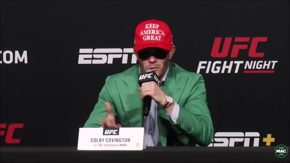Colby Covington's response to Tyron Woodley wearing 'Make Racists Catch The Fade Again' hat
#UFCVegas11 https://t.co/zOfjkq1GiG