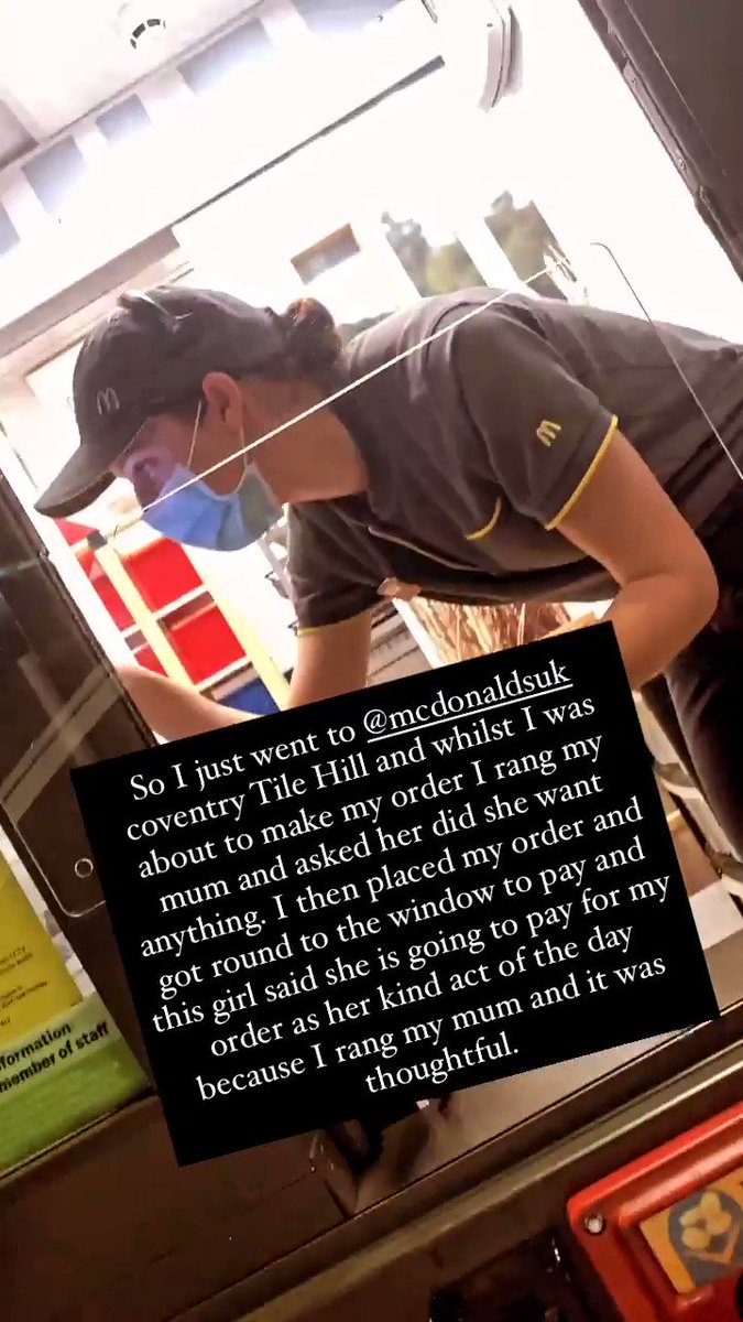 A girl called “Enya” who works at Tile Hill @McDonaldsUK just paid for my meal as her act of kindness for the day. Proper cheered me up after having a depressing day with the fact I’m at high risk of redundancy. I will pay this kind act forward tomorrow for sure. ❤️❤️❤️ https://t.co/8puiCUAkKy