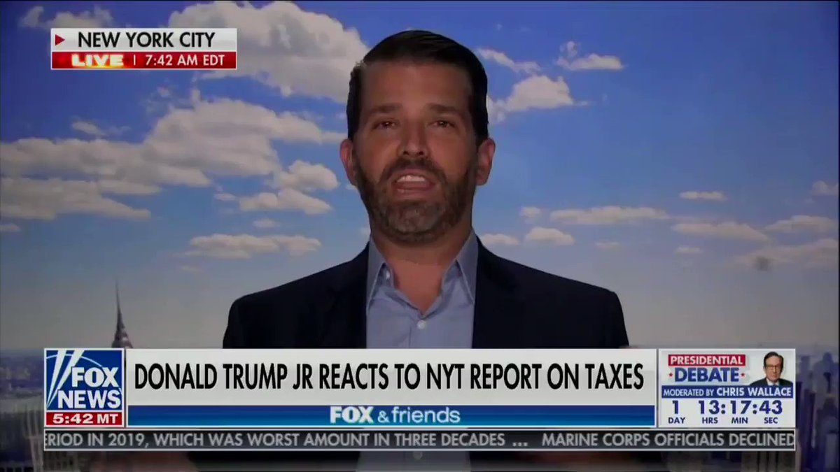 Donald Trump Jr. is on Fox this morning defending his father over the NYT tax avoidance story: "Of course the NYT does this, they put out a selective picture of all of these things the day before a debate." https://t.co/0JXHCZs9zw