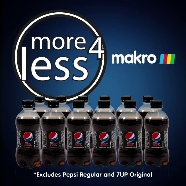 📣 Stop doing what you’re doing and get to @Makro_SA - this More4Less deal is #ImpossibleToIgnore!
Buy any 2 x 12 pack 330ml Pepsi MAX cooldrinks for ONLY R100. That’s 24 bottles!
(This deal also applies to 330ml Pepsi Light, Mirinda, and Mountain Dew.) https://t.co/ICR1LyBOmU