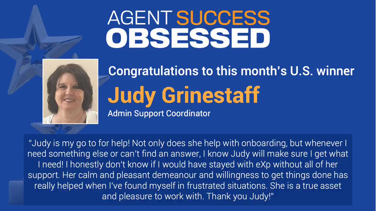 We’re excited to announce our latest Agent Success Obsessed winner, Judy Grinestaff, admin support coordinator. She was nominated for going the extra mile to make every agent's onboarding experience great. Thank you for your commitment, Judy! #eXpProud #AgentSuccessObsessed https://t.co/F34J0PciXB