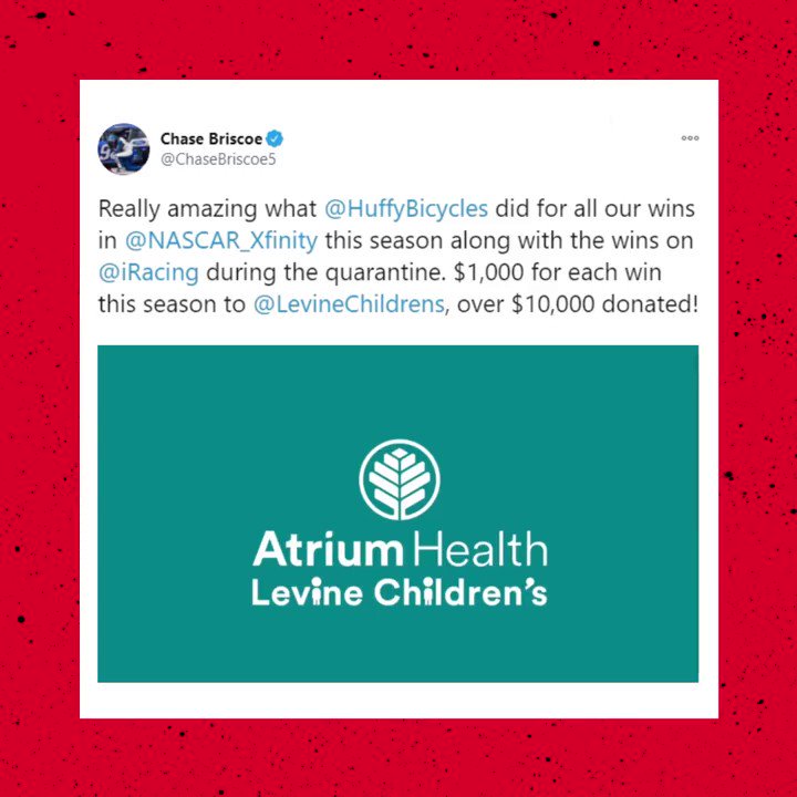 #DYK that Huffy made a donation to @LevineChildrens and @CMNHospitals for each race our partner @chasebriscoe_14 won this season. #LiveTheRide 🚴🏽♂️ #ChaseTheRide 🏎️ https://t.co/x19kY8ZMUH