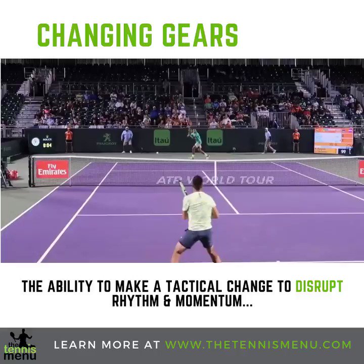 Changing gears is the ability to make tactical changes that impact the speed, rhythm or momentum of the point / game.
#changinggears #speed #momentum #rhythm #tennis #tactics #tennislessons #tennistips #protennis #kyrgios #forehand #winner #fundamentals #gamestyle #tenniscoach https://t.co/PSN2RkeYw9